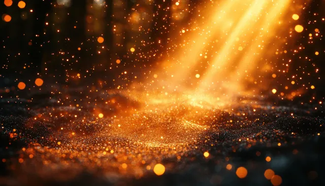 Golden light beam scattering sparkling confetti over dark stage at night