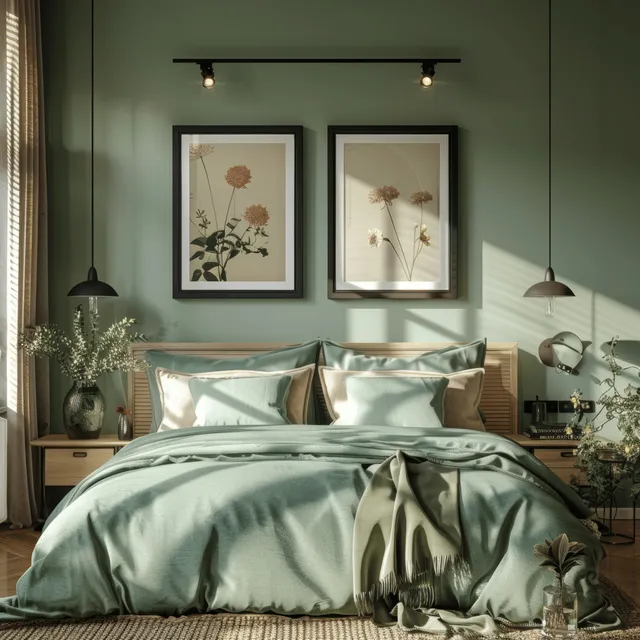 Mint-green and beige bedroom showing two framed botanical posters above a made bed with bedside lamps and soft light.