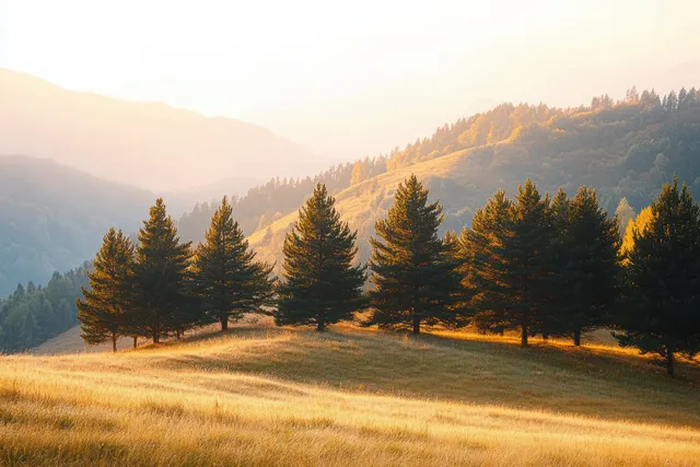 Sunlit pine trees on grassy hillside with distant mountains in golden sunrise glow