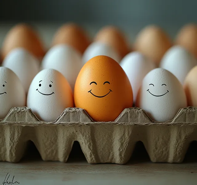 White and brown eggs in a carton with drawn smiling faces looking friendly in soft light.