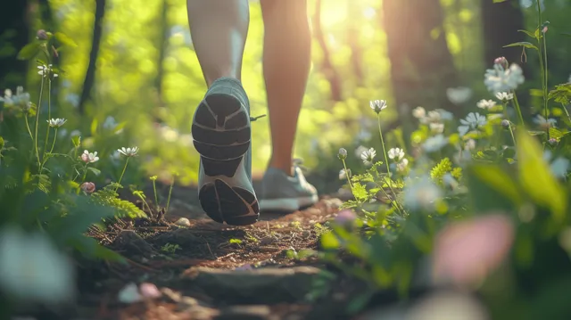 Woman walking barefoot-style on a forest path at golden hour, soft wildflowers nearby