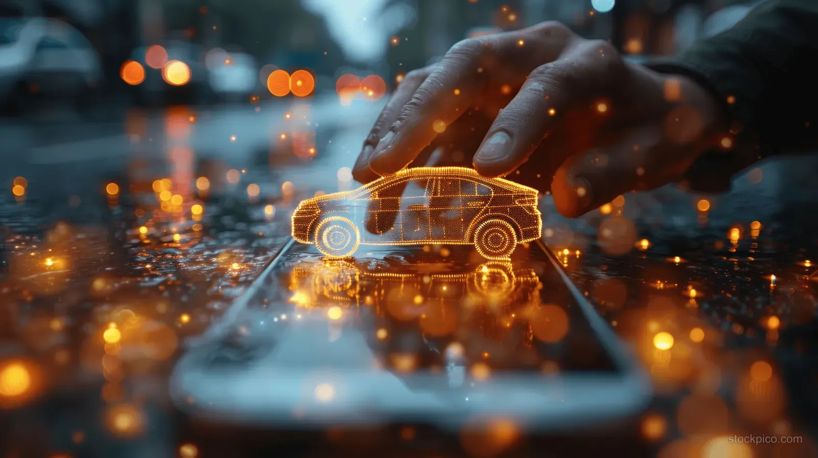 A hand holding a smartphone displays a glowing car icon over blurred night traffic lights.