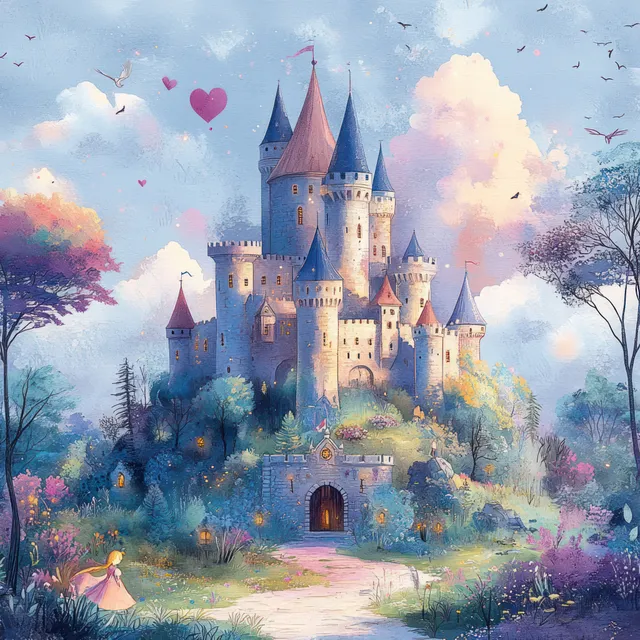 A watercolor fairytale castle with red towers sits on a misty hill amid blooming trees and pastel clouds.