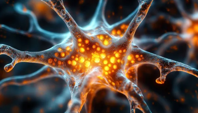 Illuminated neuron close-up with glowing orange vesicles branching across dark blurred synaptic networks