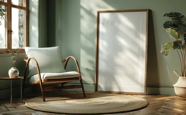 Empty poster frame standing in a cozy living room with natural window light