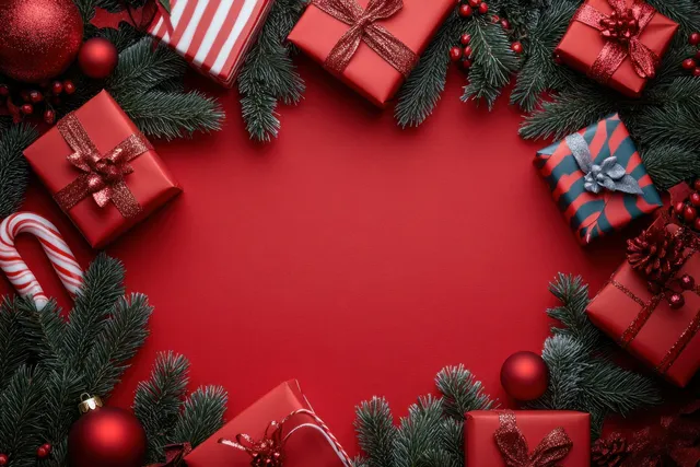 Wrapped Christmas gift boxes and pine branches arranged in a circular wreath on a solid red background.