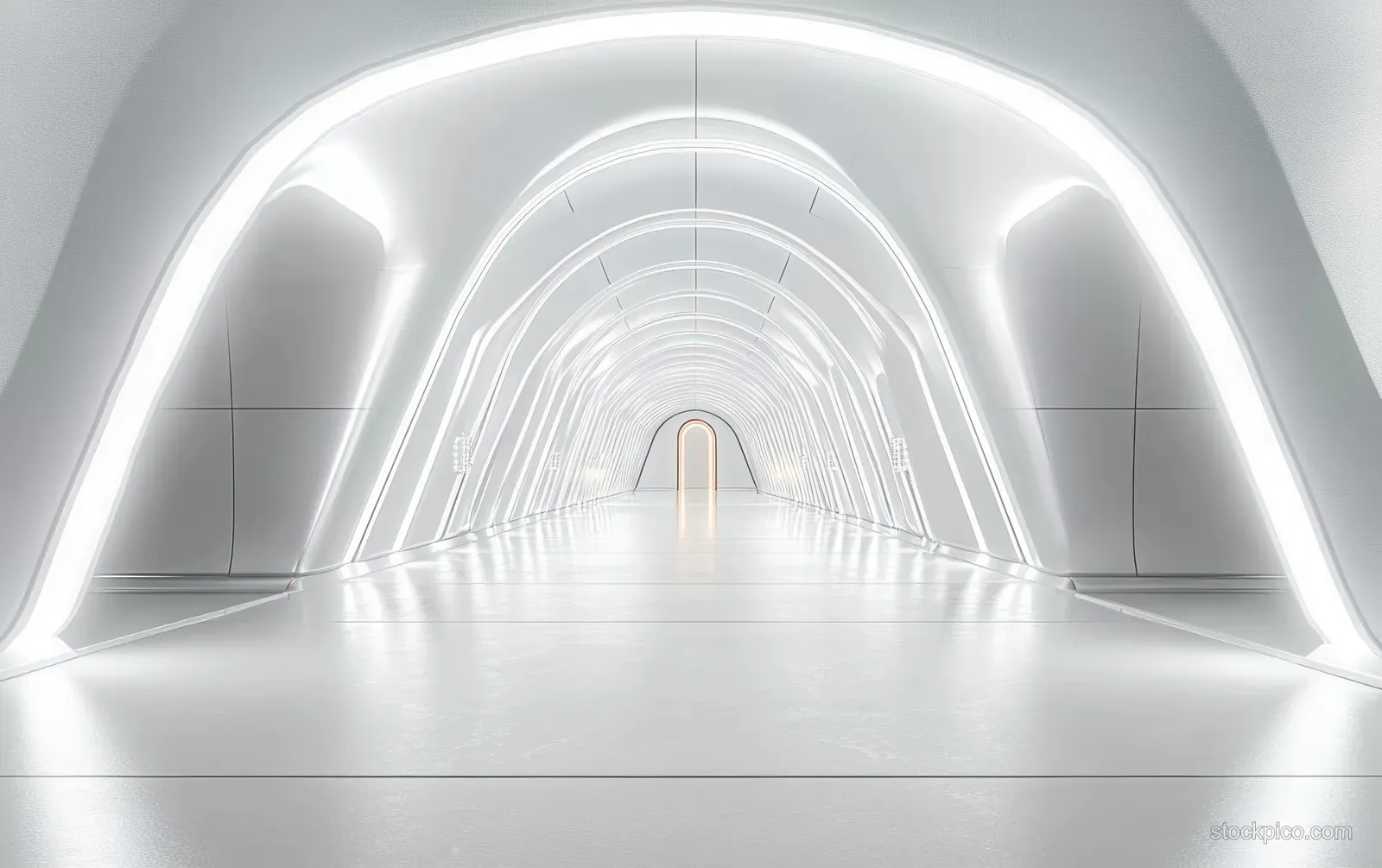Empty white tunnel corridor with smooth curved walls and bright linear lights forming a glowing perspective.