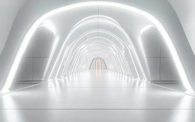 Futuristic white tunnel corridor with glowing linear lights and smooth curved arches