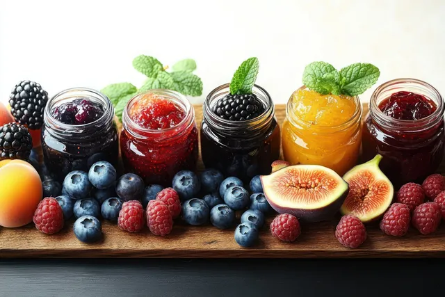 Assorted jam jars on a wooden board with fresh berries, figs, and mint leaves.