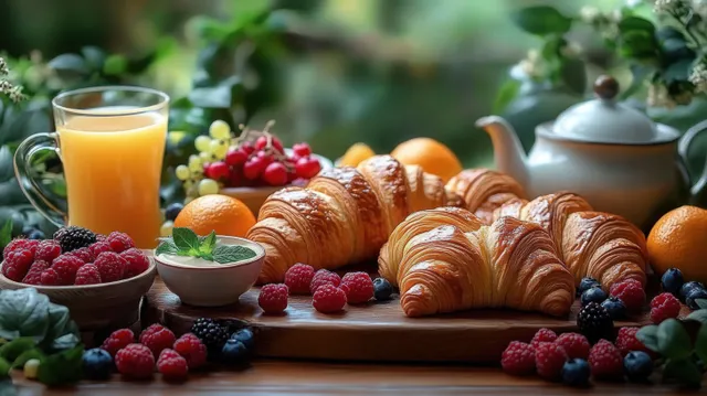 Croissants and assorted berries sit on a wooden board near orange juice, yogurt with mint, and a teapot.