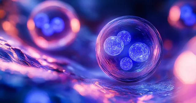 Glowing spherical cells float in vibrant pink and purple with detailed inner structures