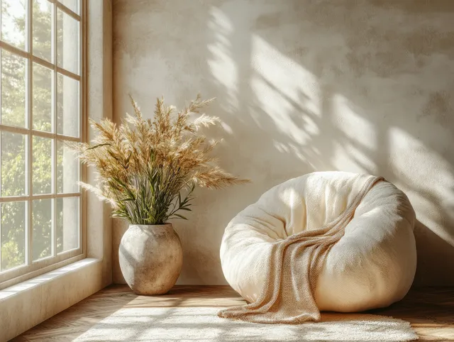 Cozy armchair by a bright window with draped throw blanket and a textured pot holding dried botanical stems.