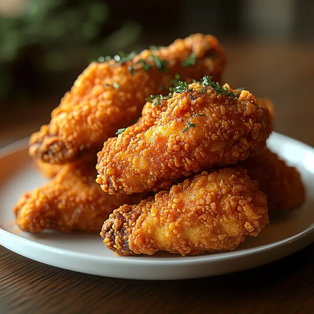 Close-up fried chicken wings on a white plate with green herb garnish