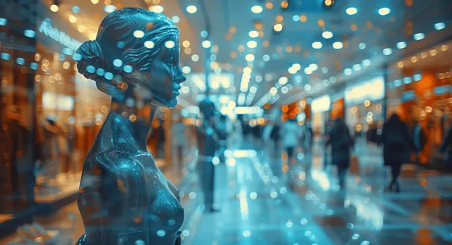 Blurred fashion boutique interior with a mannequin in the foreground and glowing bokeh lights behind it.