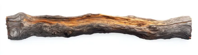 Long weathered wooden stick with rough bark and smooth worn patches isolated on white