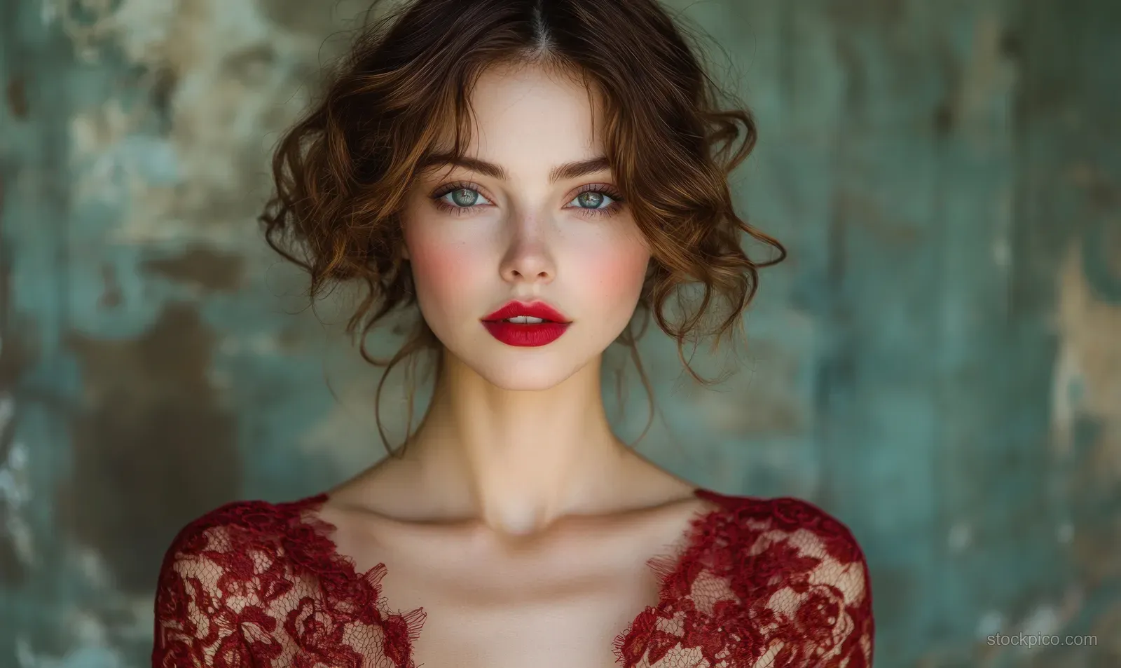 A woman with curly brown hair and red lipstick wears an elegant lace dress in soft studio lighting.