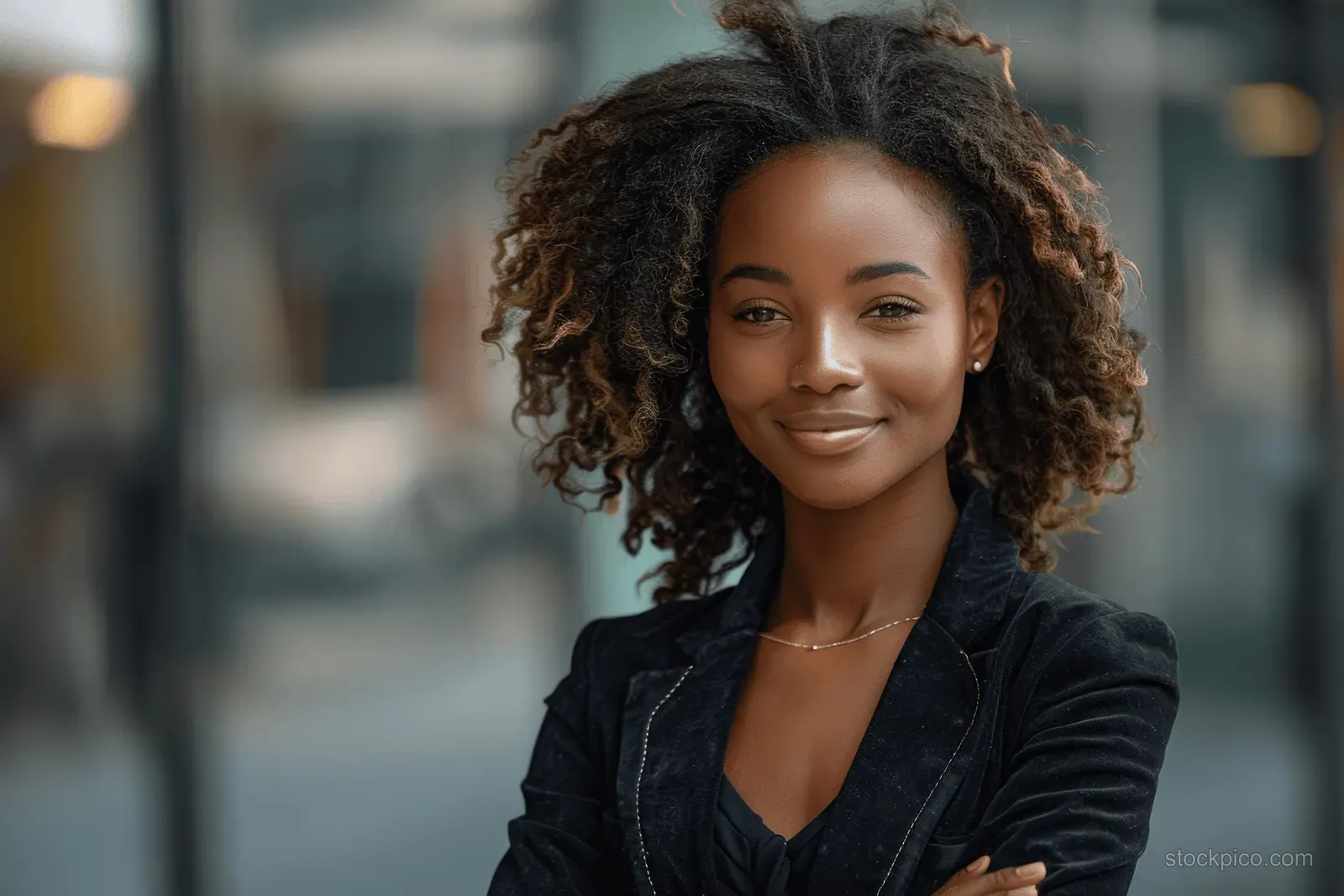 Smiling African American businesswoman stands with arms crossed in front of a modern office building.