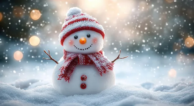 A friendly snowman with red hat and scarf stands in snow as soft snowfall and bokeh lights fill the background.