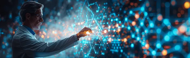 Doctor reaching toward a holographic network analytics display with glowing data nodes and finance graphs.