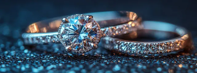 Diamond solitaire engagement ring on glittering stones with blue bokeh background.