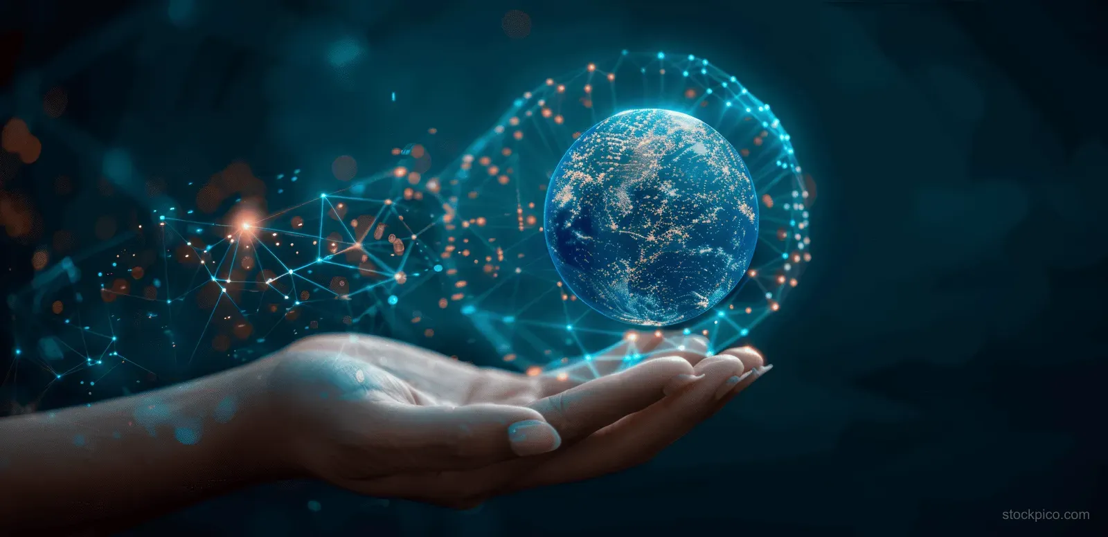 A hand holds a glowing holographic globe connected by data points in a dark digital space.