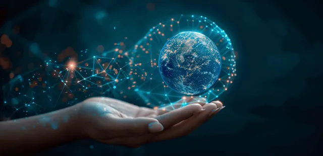 Hand holding glowing global network hologram in dark digital space