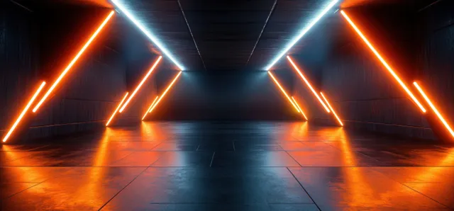 Neon-lit cyberpunk corridor with angular orange light beams, dark walls, and a glossy reflective floor converging in perspective.