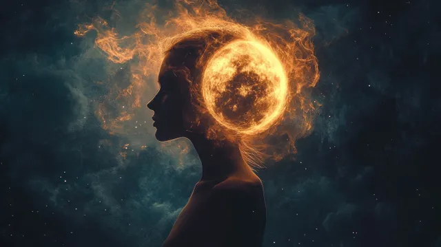 Silhouette profile of a person with a glowing fiery sun orb hovering around the head against a dark space backdrop.