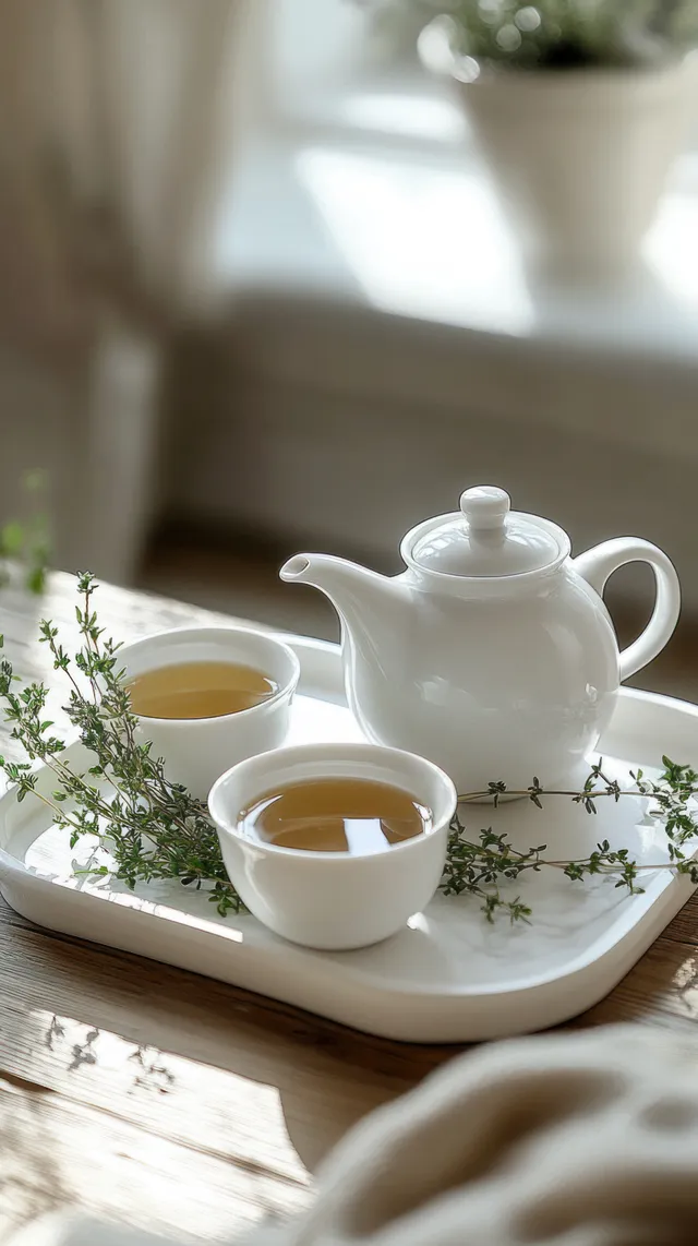 White ceramic teapot and two cups of herbal tea on a white tray with fresh thyme sprigs in soft natural light.
