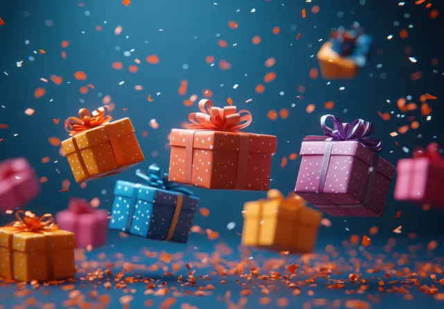 Colorful wrapped gift boxes levitating above a shopping bag with floating confetti