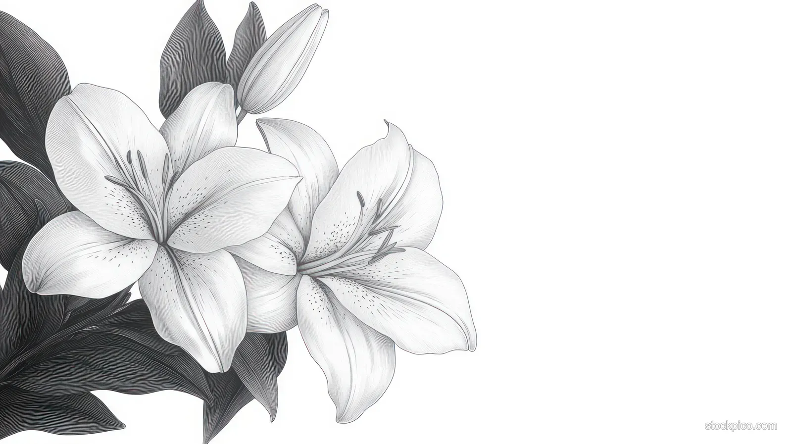 Monochrome illustration of blooming lilies and three unopened buds with dark leaves on a white background.