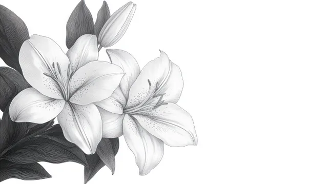 Black and white lily illustration with three buds and dark leaves on white background