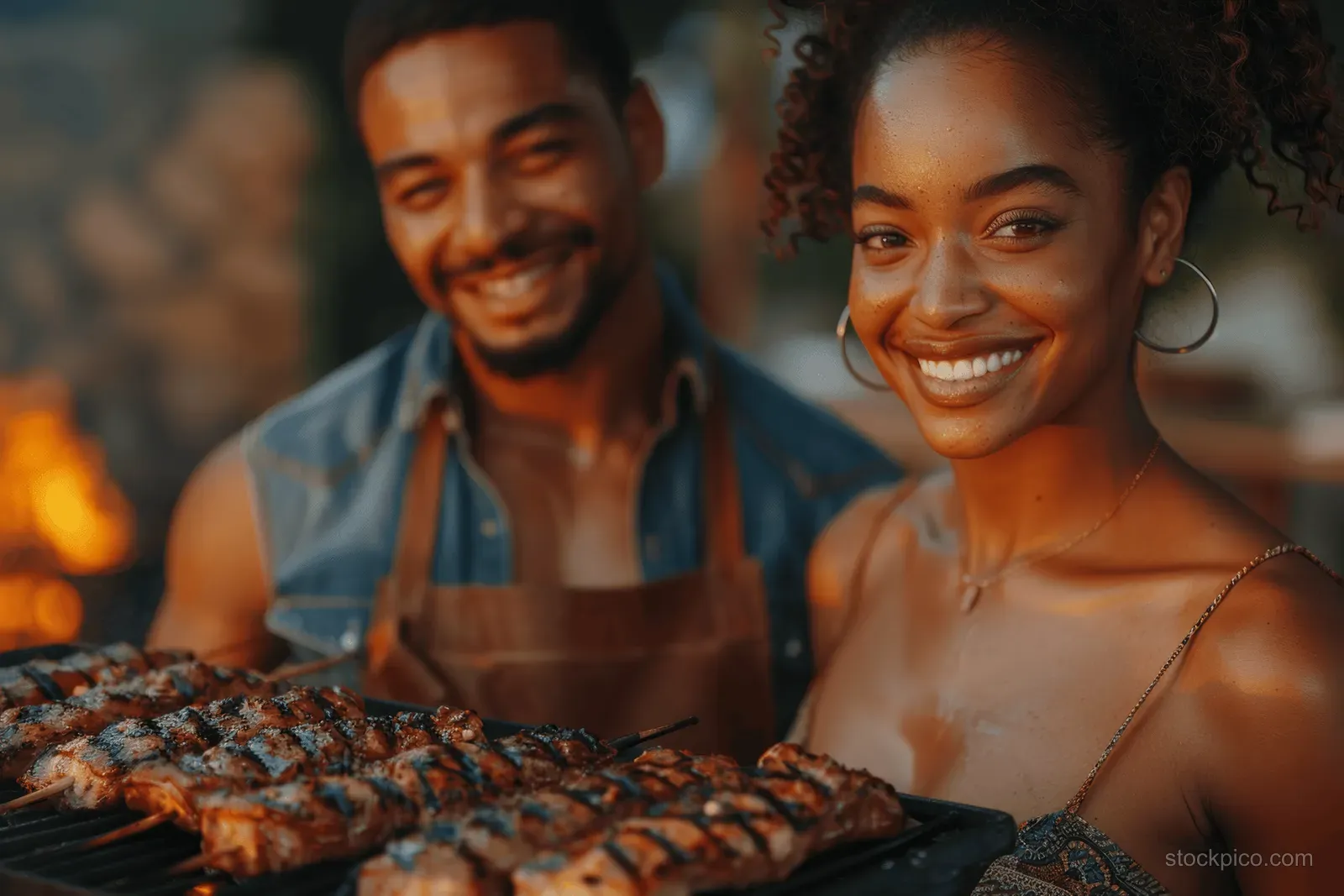 Friends smile beside a backyard grill with sizzling meat as they share a barbecue meal together.