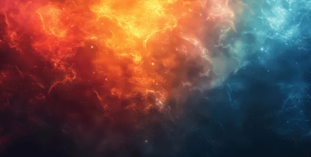 Abstract gradient wave clouds blend fiery orange, teal, and dark blue with a glowing smoky texture.