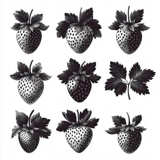 Black and white strawberry illustrations arranged in a neat grid on white backdrop