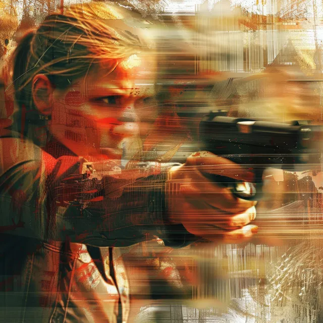 Russian pistol shooter aiming at target, motion blur and fiery orange lighting at shooting range
