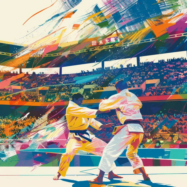 Men’s judo match throws under bright Japanese festival banners in a packed stadium