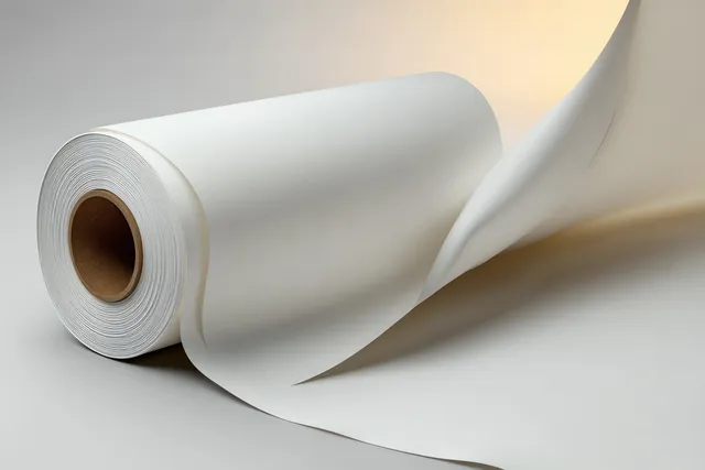 A white paper roll unrolls onto a clean surface, showing smooth texture and gentle curved edges.