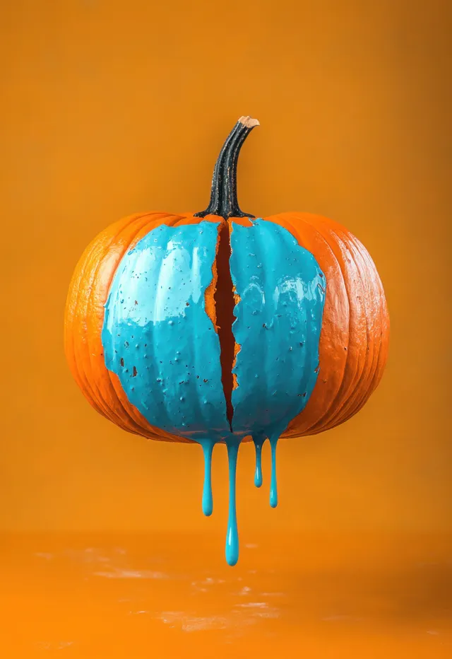 Cracked orange pumpkin with bright blue paint dripping down on a solid orange background.