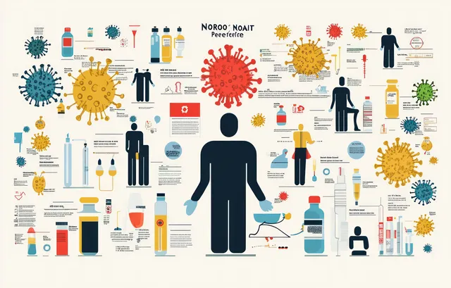 Medical health infographic showing virus particles, lab tests, bottles, syringes, and protective icons