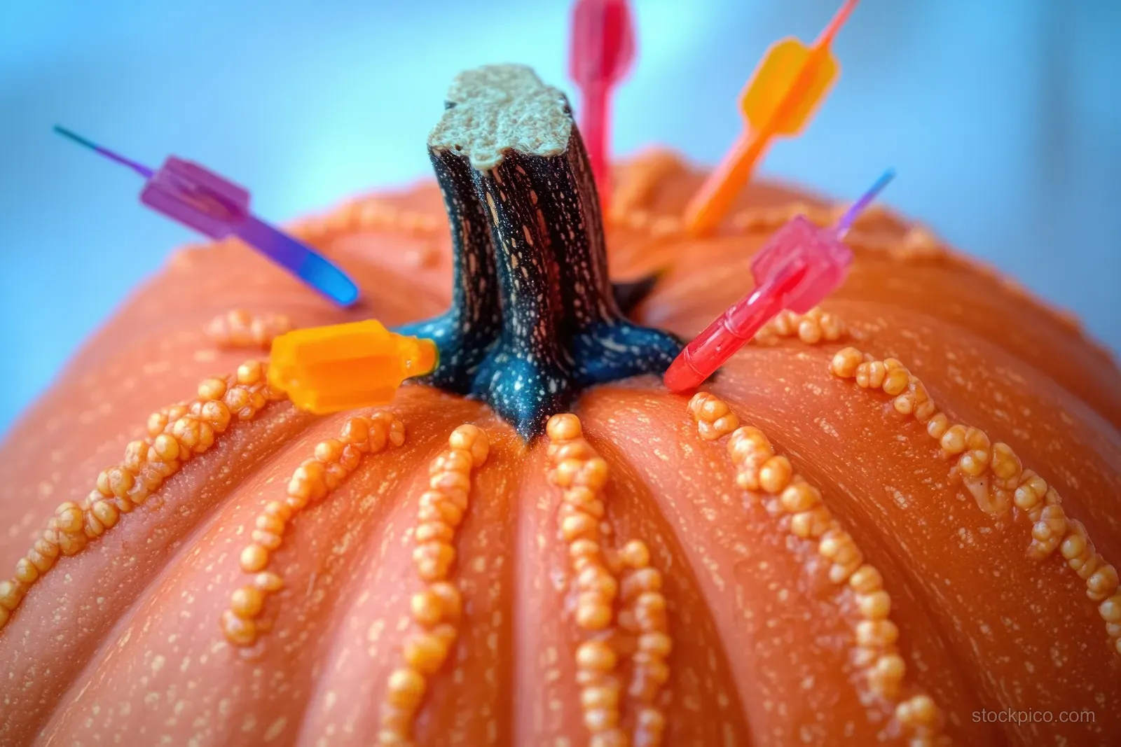 Textured orange pumpkin close-up with a dark green stem and colorful darts stuck around it.