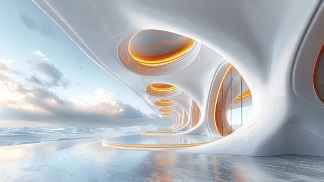 Curved futuristic corridor interior with panoramic windows and glowing golden arch light details above a concrete floor.