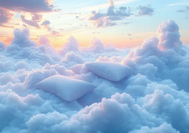 Two white pillows lie on fluffy clouds beneath a pastel sunrise sky with soft light and scattered cloud shapes.