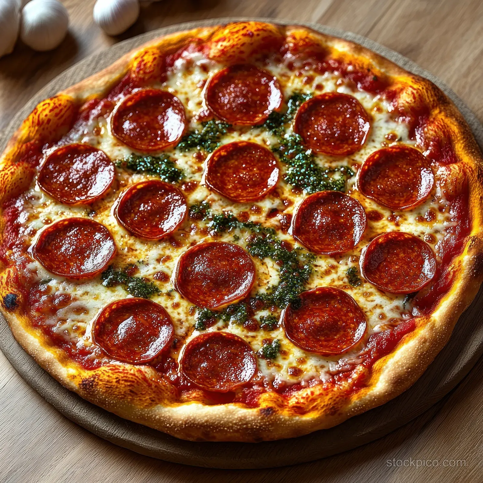 Close-up of a pepperoni pizza with melted cheese and herb toppings on a wooden board beside blurred garlic bulbs.