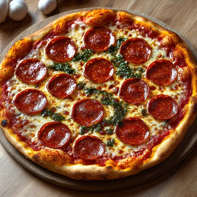 Close-up of a pepperoni pizza with melted cheese and herb toppings on a wooden board beside blurred garlic bulbs.