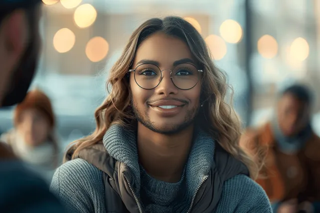 Smiling woman with round glasses and wavy hair outdoors with soft motion blur lights