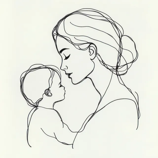 Minimalist continuous line drawing of a mother holding her baby in a calm embrace