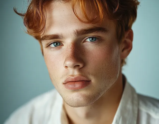 Close-up portrait of a freckled young man with blue eyes and tousled red hair against a soft neutral background.