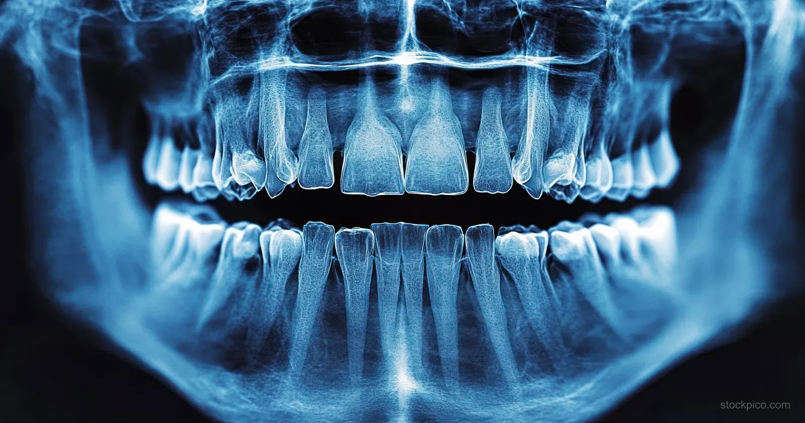 Panoramic dental X-ray with adult teeth, visible roots, and jawbone structure in blue tones.