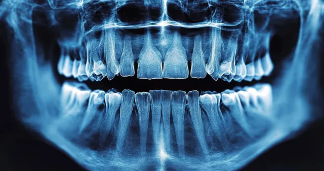 Panoramic dental X-ray with adult teeth, visible roots, and jawbone structure in blue tones.